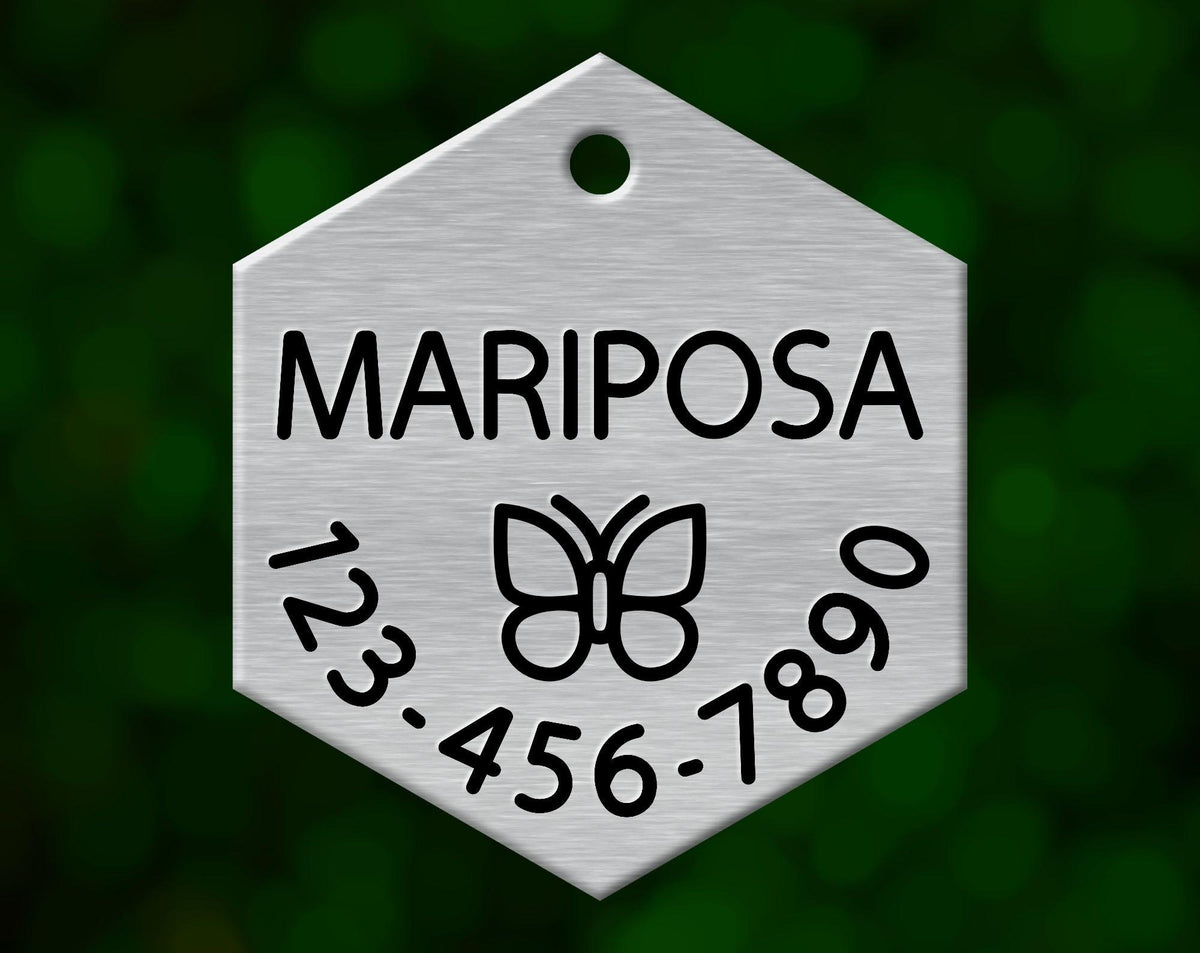 Butterfly Dog Tag (Hexagon with Phone)