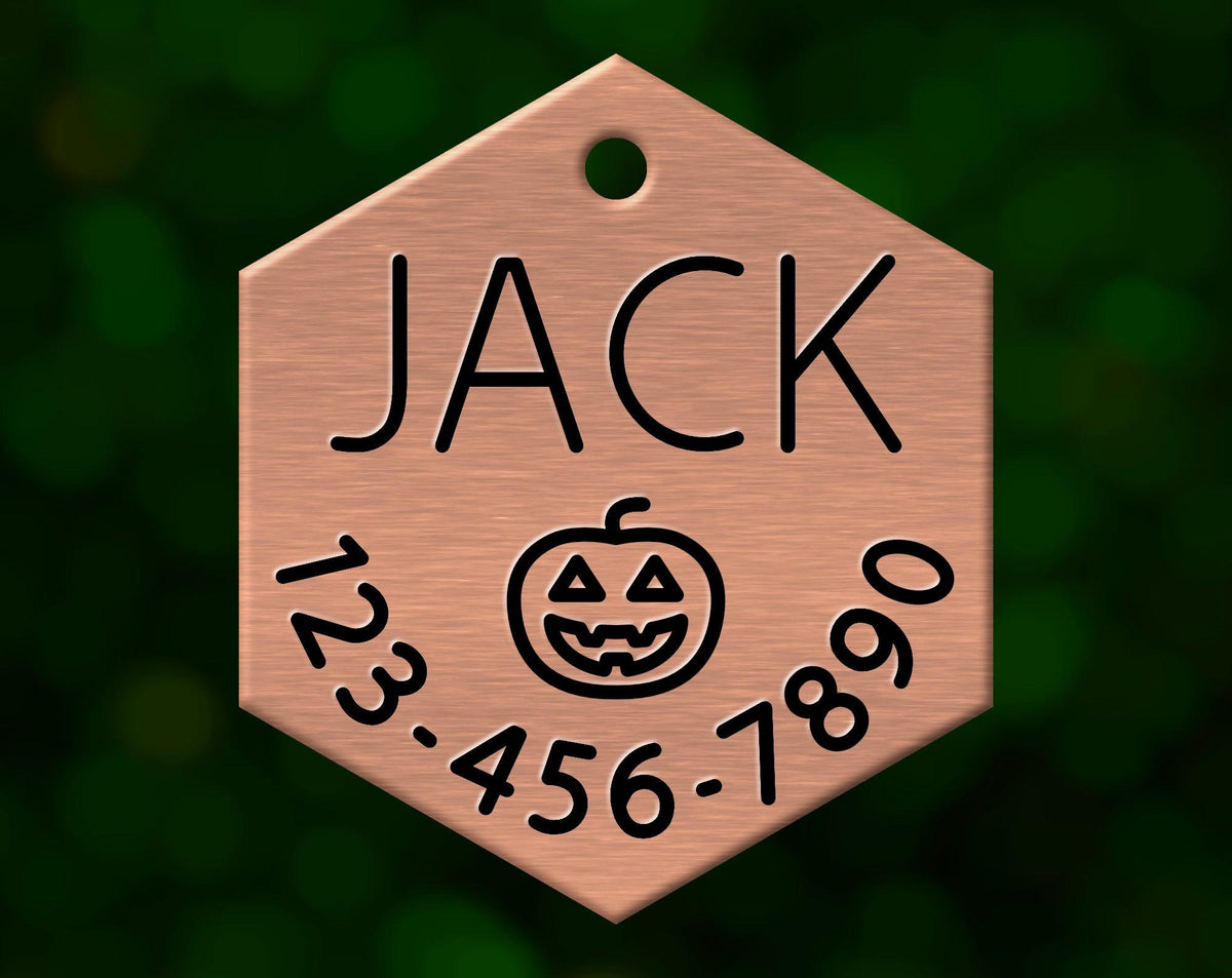 Jack O&#39;Lantern Dog Tag (Hexagon with Phone)