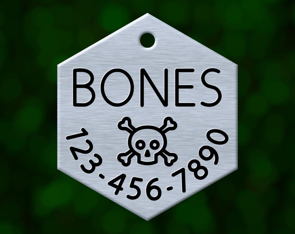 Skull &amp; Crossbones Dog Tag (Hexagon with Phone)