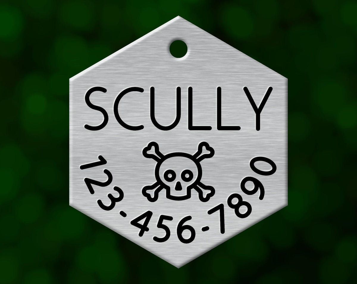 Skull &amp; Crossbones Dog Tag (Hexagon with Phone)